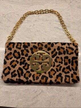 Tory Burch Leopard Print Fur Clutch with Gold Logo Chain